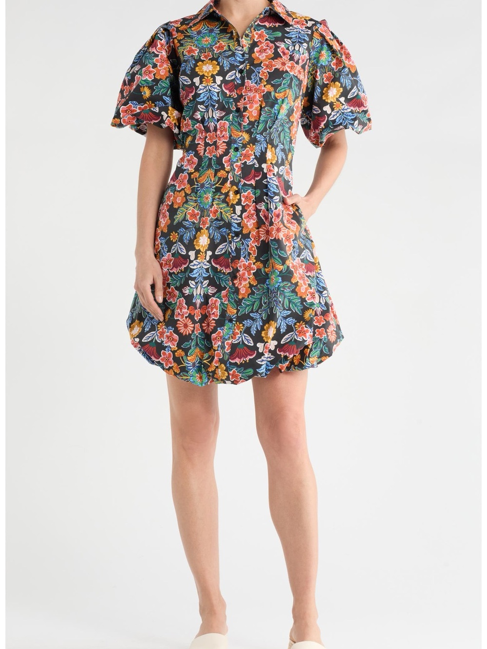 Puff Sleeve Bubble Hem Button Up Dress